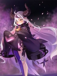 Rule 34 | 1girl, absurdres, ahoge, asymmetrical clothes, chata art 008, cherry blossoms, feet out of frame, highres, hololive, horns, la+ darknesss, leggings, long hair, long sleeves, multicolored hair, purple hair, single pantsleg, skirt basket, sleeves past wrists, solo, standing, tail, very long hair, virtual youtuber, white hair, yellow eyes