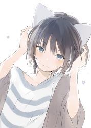 Rule 34 | 1boy, absurdres, androgynous, animal ears, black hair, blue eyes, cat ears, closed mouth, fang, fang out, hands up, highres, looking at viewer, lpip, male focus, original, shirt, simple background, smile, solo, striped clothes, striped shirt, upper body, white background