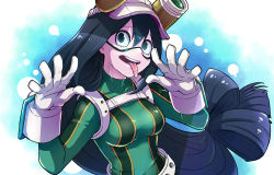 Rule 34 | 10s, 1girl, asui tsuyu, black hair, blue background, boku no hero academia, breasts, gloves, goggles, goggles on headwear, green eyes, hair between eyes, hat, long hair, looking at viewer, low-tied long hair, medium breasts, sizimi mi, solo, tongue, tongue out, upper body, very long hair, white gloves, white hat
