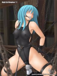 Rule 34 | asics, ball gag, bdsm, blue hair, blush, bondage, bound, bound wrists, chain, competition swimsuit, covered erect nipples, eyebrows, closed eyes, forced orgasm, gag, high cut kingdom, hitachi magic wand, nyanko batake, one-piece swimsuit, reluctant sub, sex toy, skin tight, spread legs, swimsuit, torture, vibrator, wet