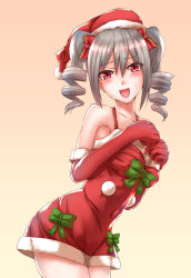 Rule 34 | 10s, 1girl, :d, bad id, bad pixiv id, blush, dress, drill hair, elbow gloves, fur-trimmed dress, fur-trimmed gloves, fur trim, gloves, grey hair, hair ribbon, hat, highres, idolmaster, idolmaster cinderella girls, kanzaki ranko, katanbina (gbln22211), looking at viewer, open mouth, red dress, red eyes, red gloves, ribbon, santa costume, santa hat, short dress, smile, solo, sweat, twin drills, twintails