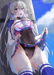 Rule 34 | 1girl, absurdres, armpit crease, armpit cutout, azur lane, black leotard, blue sky, blue thighhighs, blurry, blurry foreground, blush, bow, braid, breasts, casablanca (azur lane), casablanca (cheer squad on break) (azur lane), cheerleader, cleavage, clothes lift, clothing cutout, cloud, commentary request, core1013, covered navel, cowboy shot, crop top, day, drop shadow, hair between eyes, hair bow, heavy breathing, high ponytail, highres, large breasts, leotard, leotard under clothes, lifting own clothes, long hair, long sleeves, looking to the side, midriff, miniskirt, official alternate costume, open mouth, pleated skirt, purple bow, purple eyes, ribbed legwear, sidelocks, silver hair, skirt, skirt lift, sky, solo focus, standing, steam, sweat, taking picture, taut clothes, thighhighs, two-tone skirt, wall, white skirt