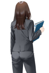 Rule 34 | 1girl, brown hair, business suit, commentary, cowboy shot, facing away, folder, formal, from behind, grey jacket, grey pants, holding, holding folder, jacket, long hair, long sleeves, mattaku mousuke, original, pants, pantylines, simple background, solo, suit, twitter username, white background