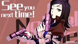 Rule 34 | 1girl, all-out attack, amano maya, black hair, blowing, dual wielding, english text, gun, handgun, highres, holding, holding gun, holding weapon, langle l, long sleeves, looking at viewer, necktie, one eye closed, persona, persona 2, pink gun, popped collar, puffy sleeves, red lips, short hair, weapon, weibo watermark
