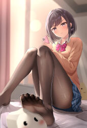 Rule 34 | 1girl, absurdres, bed sheet, blurry, blurry background, bow, braid, breasts, brown cardigan, brown eyes, brown hair, cardigan, feet, hair between eyes, highres, holding, holding phone, indoors, kamiyama high school uniform (project sekai), knees up, loulis 0115, medium breasts, pantyhose, phone, plaid, plaid skirt, project sekai, red bow, school uniform, shinonome ena, shirt, short hair, side braid, sitting, skirt, soles, solo, stuffed animal, stuffed toy, toes, white shirt