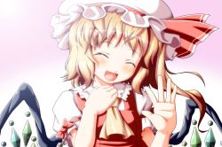 Rule 34 | 1girl, :d, ascot, blonde hair, blush, closed eyes, fang, flandre scarlet, hand on own chest, hat, highres, open mouth, sd-sos, side ponytail, smile, solo, touhou, waving, wings