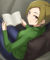 Rule 34 | 1girl, book, breasts, brown eyes, brown hair, closed mouth, commentary request, couch, denim, green sweater, hashi, holding, holding book, jeans, legs together, long sleeves, looking at viewer, medium breasts, open book, original, pants, reading, short hair, simple background, sitting, smile, solo, sweater