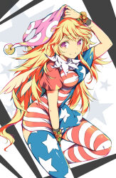 Rule 34 | 1girl, absurdres, american flag dress, american flag legwear, blonde hair, closed mouth, clownpiece, commentary request, hat, highres, ichizen (o tori), jester cap, long hair, looking at viewer, messy hair, neck ruff, pink eyes, pink hat, smile, solo, star (symbol), star print, striped clothes, striped thighhighs, thighhighs, touhou
