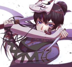 Rule 34 | 1girl, ayuka, black and red and purple hair, kitsune marks, kitsune mask aside, kunimitsu ii, kunoichi, purple eyes, namco, tekken, tekken 7