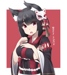 Rule 34 | 1girl, animal ears, azur lane, black hair, bob cut, border, breast suppress, breasts, cat ears, dated, detached sleeves, fang, hands up, head tilt, highres, japanese clothes, kimono, klaius, large breasts, long sleeves, looking at viewer, mask, mask on head, open mouth, paw pose, red background, red eyes, sideboob, skin fang, solo, twitter username, upper body, white border, wide sleeves, yamashiro (azur lane)