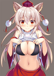 Rule 34 | 1girl, alternate hair length, alternate hairstyle, animal ears, bare shoulders, black bra, blush, bra, breasts, clothes lift, commentary request, detached sleeves, e.o., grey background, hair between eyes, hat, highres, inubashiri momiji, large breasts, lifting own clothes, long hair, long sleeves, looking at viewer, navel, pom pom (clothes), red eyes, red skirt, shirt, shirt lift, silver hair, simple background, skirt, solo, stomach, tassel, tokin hat, touhou, underwear, upper body, very long hair, white shirt, wide sleeves, wolf ears