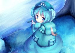 Rule 34 | 1girl, backpack, bad id, bad twitter id, bag, belt, blue dress, blue eyes, blue hair, blush, closed mouth, cucumber, dress, eating, food, from above, grass, hat, holding, holding food, kawashiro nitori, long sleeves, looking back, nekomarieru, pocket, river, short hair, solo, touhou, tree, two side up