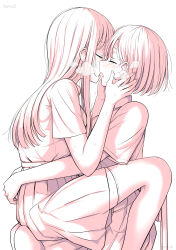 Rule 34 | 2girls, absurdres, arms around waist, betock, breath, commentary request, french kiss, hands on another&#039;s face, highres, kiss, long hair, monochrome, multiple girls, original, pleated skirt, school uniform, short hair, short sleeves, sitting, sitting on lap, sitting on person, skirt, sweat, thighhighs, yuri
