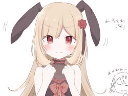 Rule 34 | 1girl, animal ears, bare shoulders, blonde hair, blush, chinese zodiac, choker, closed mouth, ecute, fake animal ears, flower, frilled choker, frills, hair flower, hair ornament, highres, jashin-chan dropkick, long hair, looking at viewer, qvertwt, rabbit ears, red eyes, rose, simple background, smile, upper body, v, white background, year of the rabbit