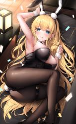 1girl animal_ears armpits arms_up azur_lane black_pantyhose blonde_hair blue_eyes breasts couch fake_animal_ears highres large_breasts leotard long_hair looking_at_viewer lying north_carolina_(azur_lane) north_carolina_(the_heart&#039;s_desire)_(azur_lane) official_alternate_costume on_side oyuwari pantyhose playboy_bunny rabbit_ears rabbit_tail smile solo tail very_long_hair