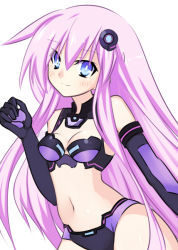 Rule 34 | 10s, 1girl, bare shoulders, blush, breasts, cleavage, elbow gloves, gloves, hair ornament, long hair, looking at viewer, meimu (infinity), navel, nepgear, neptune (series), pink hair, purple sister, small breasts, smile, solo, symbol-shaped pupils, very long hair