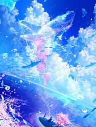 Rule 34 | blue sky, canvas (object), cherry blossoms, cherry tree, cloud, cloudy sky, commentary request, day, easel, falling petals, fish, highres, makoron117117, original, outdoors, petals, scenery, silhouette, sky, sunlight, water, water drop, waving, whale