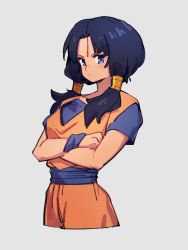 Rule 34 | 1girl, black hair, blue eyes, closed mouth, cosplay, crossed arms, dragon ball, dragonball z, grey background, kemachiku, looking at viewer, low twintails, medium hair, simple background, solo, son goku (cosplay), son goku, twintails, videl
