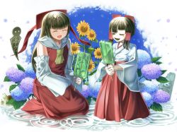 2girls, bangs, blunt bangs, bow, brown hair, colored skin, commentary request, cookie (touhou), detached sleeves, eyebrows visible through hair, eyes closed, flower, food, fuckin animal, full body, hair bow, hair tubes, hakama skirt, hakurei reimu, highres, japanese clothes, kimono, kneeling, long hair, miko, multiple girls, nontraditional miko, open mouth, popsicle, purple flower, red bow, red shirt, red skirt, rock, ru (cookie), shirt, short hair, skirt, sleeveless, sleeveless shirt, snail, sunflower, touhou, translation request, tsuno (nicoseiga11206720), water, white flower, white kimono, white skin, white sleeves, yamasaka aimi, yellow flower, |d