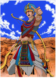 Rule 34 | 1boy, ancient egypt, artist request, bow (weapon), cloud, cowboy shot, dark skin, egyptian, hat, knife, male focus, outdoors, ramesses ii, sky, solo, standing, weapon
