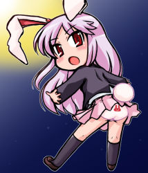 Rule 34 | 1girl, :o, animal ears, animal print, ass, blazer, blush, breasts, chibi, female focus, from behind, full body, jacket, kneehighs, kneepits, leaning forward, legs apart, light purple hair, loafers, long hair, long sleeves, looking back, miniskirt, moon, night, night sky, open mouth, outdoors, outline, outstretched arms, panties, pantyshot, parted bangs, pleated skirt, print panties, purple hair, rabbit ears, rabbit girl, rabbit print, rabbit tail, red eyes, reisen udongein inaba, shoes, skirt, sky, small breasts, socks, solo, spread arms, surprised, tachikawa, tail, touhou, underwear, very long hair, white panties