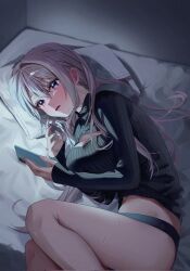 Rule 34 | 1girl, black shirt, blue eyes, blush, cellphone, chigusa minori, corrupted twitter file, grey hair, highres, holding, holding phone, long hair, long sleeves, looking at phone, lying, on side, parted lips, phone, pillow, saotome shino (shino to ren), shino to ren, shirt, smartphone, thighs