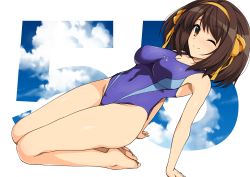 Rule 34 | 1girl, bare shoulders, breasts, competition swimsuit, hair ornament, hairband, haruhisky, highres, looking at viewer, medium breasts, medium hair, one-piece swimsuit, one eye closed, simple background, solo, suzumiya haruhi, suzumiya haruhi no yuuutsu, swimsuit, thighs
