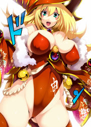 Rule 34 | 1girl, :d, adapted costume, bare shoulders, bell, between breasts, blonde hair, blue eyes, blush stickers, breasts, cameltoe, cleavage, covered erect nipples, dark magician girl, detached collar, detached sleeves, duel monster, female focus, food, fruit, gluteal fold, green eyes, hat, highleg, highres, huge breasts, jingle bell, kagami mochi, large breasts, leotard, long hair, looking at viewer, mandarin orange, open mouth, orange (fruit), red leotard, sagging breasts, simple background, smile, solo, standing, text focus, thighhighs, tsukasawa takamatsu, white background, wide sleeves, wizard hat, yu-gi-oh!