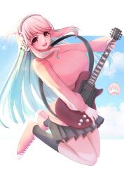 Rule 34 | 1girl, aki sakura, aqua hair, blush, bocchi the rock!, breasts, color connection, colored inner hair, cosplay, electric guitar, gibson les paul, gotoh hitori (cosplay), gotoh hitori, guitar, hair color connection, headphones, instrument, jacket, large breasts, long hair, long sleeves, looking at viewer, multicolored hair, multiple girls, nitroplus, open mouth, pink eyes, pink hair, pink jacket, pink track suit, red eyes, smile, solo, super sonico, track jacket, two-tone hair