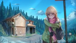 Rule 34 | 1girl, advarcher, blonde hair, blue sky, camera, cloud, cowboy shot, forest, glasses, heart of the woods, highres, hood, hoodie, house, maddie raines, nature, outdoors, road, road sign, scarf, sign, sky, smile, solo, street, tree