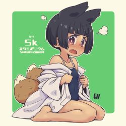 Rule 34 | 1girl, animal ears, bare shoulders, barefoot, black one-piece swimsuit, blush, breasts, brown background, collarbone, commentary request, covered navel, fang, fox ears, fox girl, fox tail, full body, green background, kukuri (mawaru), long sleeves, looking at viewer, mawaru (mawaru), one-piece swimsuit, open clothes, open mouth, open shirt, original, red eyes, romaji text, shirt, short hair, sitting, small breasts, solo, swimsuit, swimsuit under clothes, tail, thick eyebrows, translation request, two-tone background, wariza, white shirt