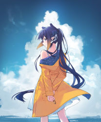 Rule 34 | 1girl, arms behind back, artist name, blue sky, cloud, day, from behind, highres, hololive, hololive english, jacket, long hair, long sleeves, looking at viewer, looking back, ninomae ina&#039;nis, ninomae ina&#039;nis (artist), ocean, outdoors, purple hair, sky, smile, solo, standing, very long hair, violet (ninomae ina&#039;nis), virtual youtuber, yellow jacket