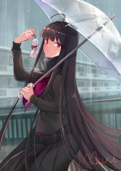 Rule 34 | 1girl, absurdres, black scarf, black shirt, black skirt, commentary request, doll, fate/grand order, fate (series), highres, holding, holding doll, holding umbrella, long hair, long skirt, long sleeves, looking at viewer, looking to the side, omizu (mimisyumikan), oryou (fate), pleated skirt, purple neckwear, rain, red eyes, scarf, shirt, skirt, solo, teruterubouzu, transparent, transparent umbrella, umbrella, very long hair