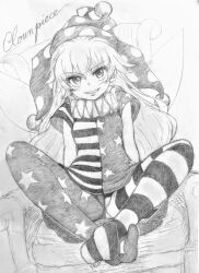 Rule 34 | 1girl, absurdres, american flag dress, american flag legwear, barefoot, blush, carbohydrate (asta4282), character name, clownpiece, dress, fairy, fairy wings, full body, hat, highres, jester cap, long hair, looking at viewer, open mouth, pantyhose, photo (medium), polka dot, polka dot headwear, short sleeves, smile, solo, striped clothes, striped dress, striped pantyhose, touhou, traditional media, wings