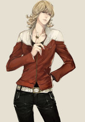Rule 34 | 10s, 1boy, bad id, bad pixiv id, barnaby brooks jr., belt, blonde hair, blue eyes, collarbone, glasses, hand on own hip, hip focus, ishizue kachiru, jacket, jewelry, male focus, necklace, red jacket, simple background, solo, studded belt, tiger &amp; bunny