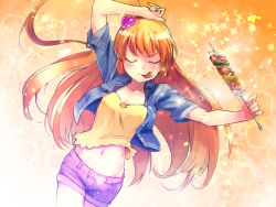 Rule 34 | 1girl, absurdres, amamiya rizumu, camisole, collarbone, denim, denim shorts, closed eyes, food, food in mouth, hair ornament, hand on own head, heart, heart hair ornament, highres, jacket, kebab, long hair, meat, midriff, navel, nyama, one side up, open clothes, open jacket, orange background, orange hair, pink shorts, pretty series, pretty rhythm, shorts, skewer, solo, sparkle, very long hair