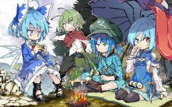 Rule 34 | 6+girls, ahoge, antennae, ascot, backpack, bag, bell, belt, black collar, black footwear, black pants, black ribbon, black thighhighs, blanket, blonde hair, blue bow, blue dress, blue eyes, blue hair, boots, bow, brown belt, brown footwear, cabbie hat, campfire, character request, cirno, cleavage cutout, closed mouth, clothing cutout, cloud, cloudy sky, collar, collared dress, collared shirt, cooking pot, cucumber, day, dress, eyelashes, fairy, fairy wings, finger sucking, fire, flying sweatdrops, food, fur-trimmed dress, fur trim, game cg, gold trim, grass, green bag, green eyes, green hair, green headwear, green vest, grey hair, hair bobbles, hair bow, hair ornament, hand on own chin, hat, heterochromia, high collar, high heel boots, high heels, holding, holding food, ice, ice wings, jingle bell, juliet sleeves, kawashiro nitori, key, layered sleeves, long dress, long hair, long sleeves, low twintails, multiple girls, neckerchief, noya makoto, official art, open mouth, outdoors, pants, pocket, pointing, pointy ears, ponytail, puffy sleeves, raised eyebrows, red eyes, red neckerchief, red ribbon, red scarf, red vest, ribbon, rock, sandwich, scarf, shaded face, shirt, short dress, short hair, short over long sleeves, short sleeves, short twintails, side slit, sitting, sky, sleeve ribbon, sleeveless, sleeveless dress, sleeves past wrists, slit pupils, smile, soup, steam, sushi, sweatdrop, tatara kogasa, thighhighs, tongue, touhou, touhou cannonball, tree, triangle print, twintails, umbrella, unworn bag, v-neck, vest, wavy eyebrows, wavy mouth, white shirt, white trim, wide-eyed, wings, wriggle nightbug, yellow ascot, zipper, zipper pull tab