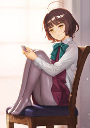 Rule 34 | 1girl, :o, ahoge, aqua bow, aqua bowtie, backlighting, blunt bangs, bow, bowtie, brown hair, cellphone, chair, commentary request, dress, from side, full body, grey pantyhose, highres, kantai collection, kishinami (kancolle), knees up, legs together, long sleeves, looking at viewer, looking to the side, no shoes, on chair, pantyhose, parted lips, phone, pleated dress, purple dress, school uniform, shirt, short hair, sitting, smartphone, solo, tantaka, twitter username, wavy hair, white shirt, window, wooden chair, yellow eyes
