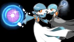 Rule 34 | 2girls, alternate color, arm at side, arm up, bare shoulders, black background, black dress, black gloves, blacknirrow, blue hair, blue skin, bob cut, colored skin, creatures (company), dress, elbow gloves, energy ball, female focus, flat chest, from behind, game freak, gardevoir, gen 3 pokemon, gloves, hair over one eye, happy, highres, looking at another, mega gardevoir, mega pokemon, moon, moonblast (pokemon), multicolored skin, multiple girls, nintendo, one eye covered, open mouth, orange eyes, outline, outstretched arm, outstretched arms, pokemon, pokemon (creature), pokemon move, shiny pokemon, short hair, simple background, smile, standing, strapless, strapless dress, two-tone skin, white outline, white skin