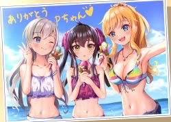 Rule 34 | 3girls, :o, ;), armpits, bikini, blonde hair, blue eyes, blush, breasts, character request, cleavage, collarbone, commentary request, day, earrings, fangs, food, groin, hair ornament, hand up, highres, hisakawa hayate, holding, ice cream, ice cream cone, idolmaster, idolmaster cinderella girls, idolmaster cinderella girls starlight stage, jewelry, long hair, looking at another, looking at viewer, matoba risa, medium breasts, multiple girls, navel, necklace, ocean, ohtsuki yui, one eye closed, open mouth, outdoors, photo (object), ponytail, reaching, reaching towards viewer, shorts, silver hair, small breasts, smile, stomach, summer, swimsuit, translation request, tudon (donut), upper body, v, yellow eyes