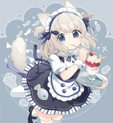 Rule 34 | 1girl, animal ears, apron, blonde hair, blue eyes, blush, brooch, cake, cake slice, cherry, chocolate, fish, fish hair ornament, food, fruit, hair ornament, holding, holding tray, holding utensil, jewelry, koguma105, maid headdress, mary janes, medium hair, neck ribbon, original, parfait, ribbon, shoes, smile, solo, standing, standing on one leg, strawberry, striped ribbon, tail, thighhighs, tray, two side up, utensil in mouth, waist apron, waitress