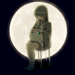 Rule 34 | 1girl, barefoot, black background, closed eyes, closed mouth, commentary request, creature, full moon, green eyes, grey hair, highres, japanese clothes, kimono, kuro kosyou, long hair, long sleeves, moon, on chair, open clothes, original, ribbon-trimmed sleeves, ribbon trim, sitting, sleeves past wrists, white kimono, wide sleeves