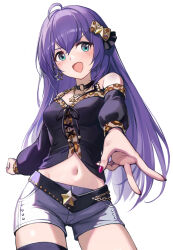 Rule 34 | 1girl, :d, ahoge, aqua eyes, bare shoulders, belt, black belt, black choker, black shirt, blush, bow, breasts, character request, choker, commentary request, copyright request, cowboy shot, foreshortening, hair bow, highres, long hair, long sleeves, looking at viewer, midriff, nail polish, navel, off-shoulder shirt, off shoulder, open mouth, purple hair, purple nails, shirt, short shorts, shorts, small breasts, smile, solo, standing, stomach, thighs, tuna picture, very long hair, white shorts