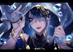 Rule 34 | 1boy, blue eyes, blue hair, cancer (constellation), capricorn (constellation), constellation, deuce spade, facial mark, facial tattoo, gemini (constellation), hair between eyes, hair ornament, head chain, headpiece, highres, ichino01no, jewelry, leo (constellation), letterboxed, looking at viewer, male focus, off shoulder, open mouth, solo, tattoo, taurus (constellation), twisted wonderland, virgo (constellation)