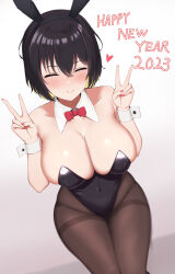 Rule 34 | 1girl, 2023, animal ears, bare shoulders, black hairband, black leotard, blonde hair, bow, bowtie, breasts, cleavage, closed eyes, closed mouth, collarbone, covered navel, detached collar, double v, fake animal ears, hairband, hands up, happy new year, heart, highres, large breasts, leotard, multicolored hair, new year, original, pantyhose, playboy bunny, rabbit ears, red bow, red bowtie, red nails, shidaidaka, short hair, simple background, sitting, sleeves past wrists, smile, solo, thighband pantyhose, two-tone hair, v, white background