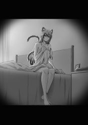 Rule 34 | 1girl, absurdres, animal ears, anklet, arknights, barefoot, bed sheet, blanket, breasts, cat ears, cat girl, cat tail, closed mouth, collarbone, comic, completely nude, covering privates, hand on own chest, highres, indoors, infection monitor (arknights), jewelry, large breasts, material growth, nude, nude cover, on bed, oripathy lesion (arknights), photo (object), saikre, schwarz (arknights), silent comic, sitting, solo, tail