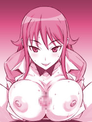 Rule 34 | 1girl, akana rui, bad id, bad pixiv id, between breasts, breast hold, breasts, breasts out, censored, chousoku henkei gyrozetter, highres, large breasts, long hair, monochrome, mosaic censoring, nipples, open clothes, paizuri, penis, pink theme, shoumaru (gadget box), smile, solo focus, sweat