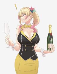 Rule 34 | !, 1girl, absurdres, bare shoulders, blonde hair, bottle, bow, bowtie, breasts, bunny garden, cleavage, collarbone, commentary request, cup, detached collar, drinking glass, flower, gradient hair, grin, hair flower, hair ornament, highres, holding, holding bottle, holding cup, large breasts, long hair, multicolored hair, pencil skirt, pink hair, red eyes, rin (bunny garden), skirt, smile, solo, soutou nagi, wine bottle, wine glass, wrist cuffs, yellow bow, yellow bowtie, yellow skirt