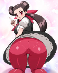Rule 34 | 1girl, :o, absurdres, ass, black dress, blush, bow, brown hair, creatures (company), dress, eyebrows, eyelashes, female focus, forehead, from behind, game freak, gym leader, hair bow, highres, index finger raised, long hair, looking at viewer, looking back, nintendo, panties, panties under pantyhose, pantyhose, pink bow, pink eyes, pink pantyhose, pokemon, pokemon oras, roxanne (pokemon), shirt, short sleeves, solo, thighs, twintails, underwear, white shirt, yensh