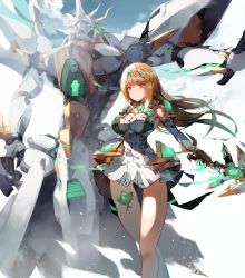 Rule 34 | 1girl, armor, bare shoulders, blonde hair, breasts, cleavage, dress, elbow gloves, gloves, highres, large breasts, long hair, looking at viewer, mecha, mythra (xenoblade), natsumoka, nintendo, robot, short dress, siren (xenoblade), sword, weapon, xenoblade chronicles (series), xenoblade chronicles 2, yellow eyes